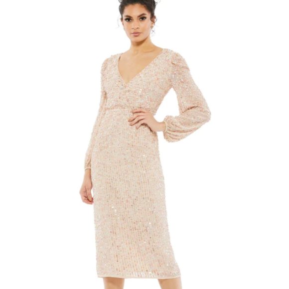 MAC DUGGAL 10764 BLOUSON SLEEVE SEQUINED SURPLICE NUDE MIDI DRESS sz 8 - Picture 1 of 4